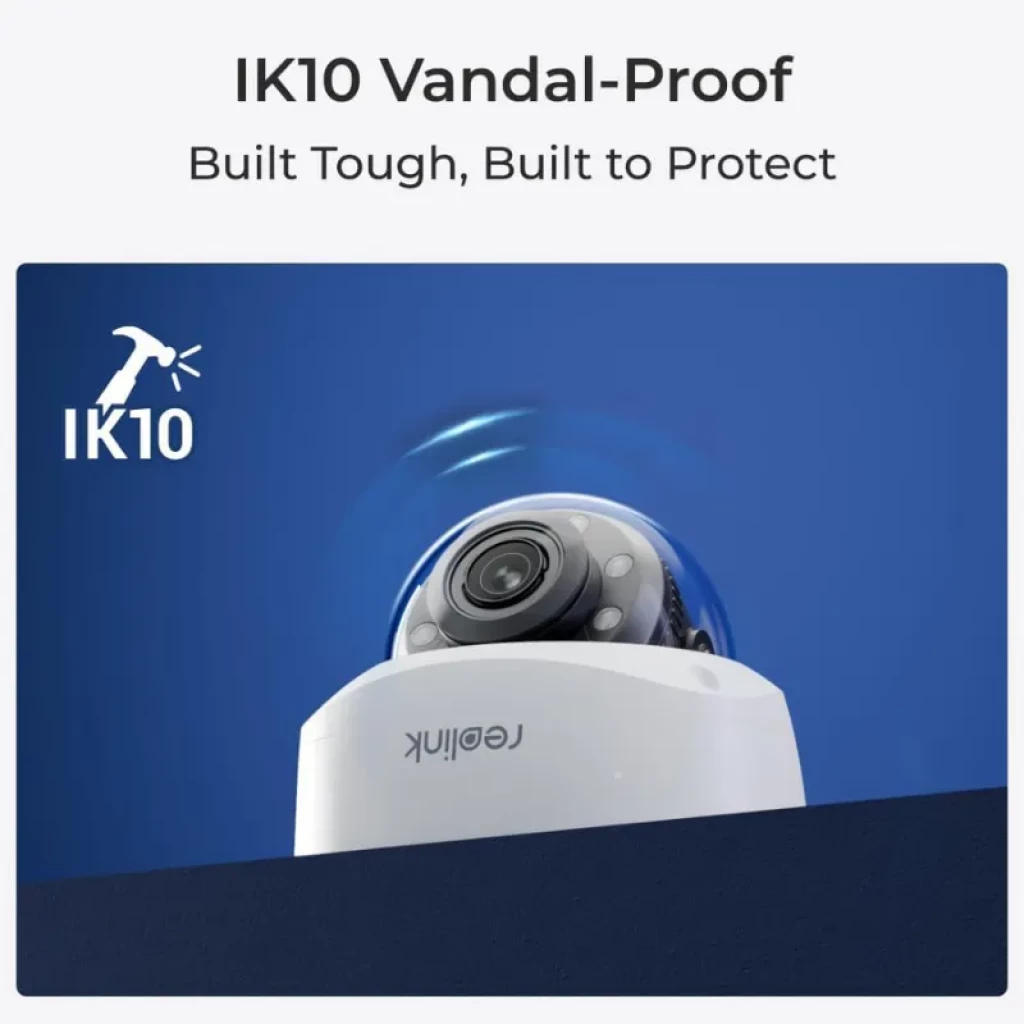 Reolink P437, domo blanco antivandálico IK10 con lente central y LEDs IR, diseño robusto para exterior