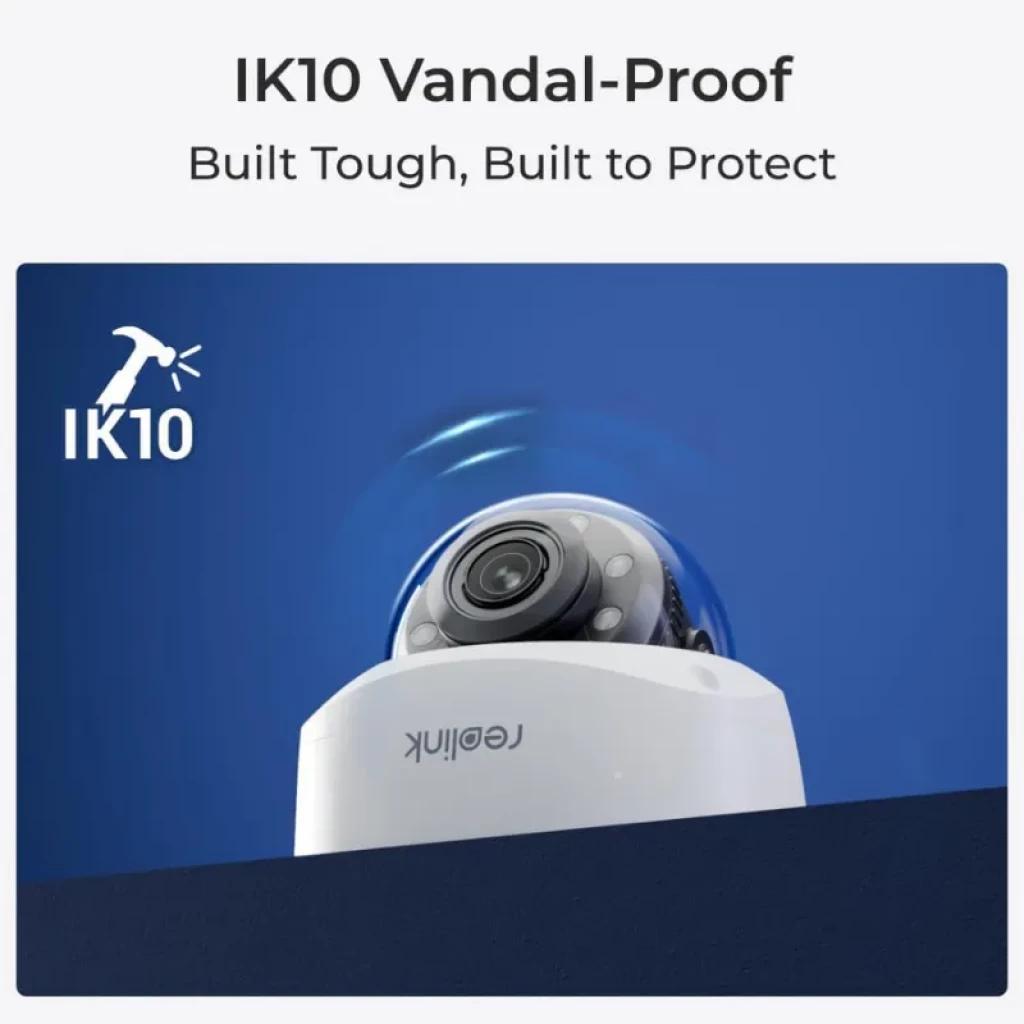 Reolink P437, domo blanco antivandálico IK10 con lente central y LEDs IR, diseño robusto para exterior