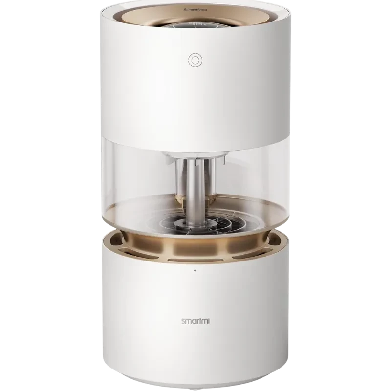 Xiaomi Rainforest Humidifier Smartmi: humidificador cilíndrico blanco con depósito transparente, acabado dorado, control táctil frontal y diseño