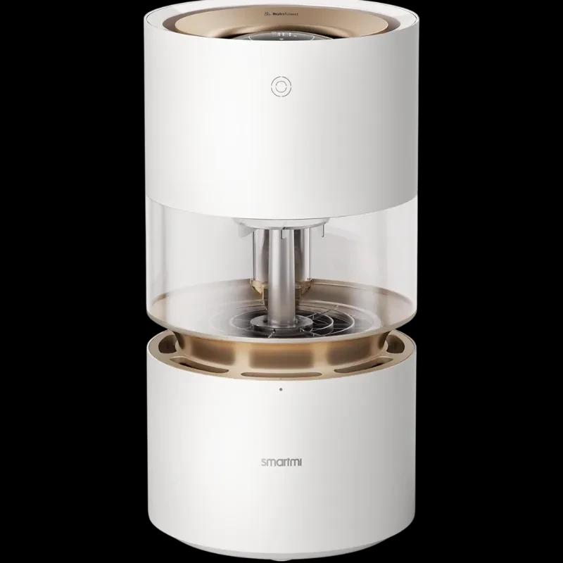 Xiaomi Rainforest Humidifier Smartmi: humidificador cilíndrico blanco con depósito transparente, acabado dorado, control táctil frontal y diseño