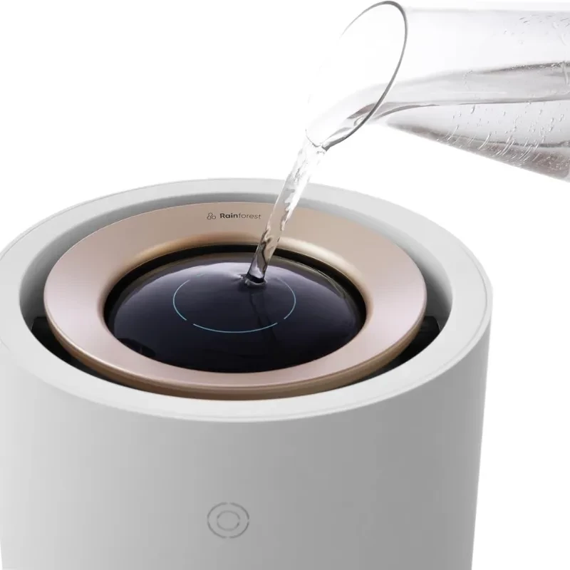 Xiaomi Rainforest Humidifier Smartmi – depósito superior con llenado directo, anillo dorado, esfera negra con luz LED y cuerpo cilíndrico blanco elegante