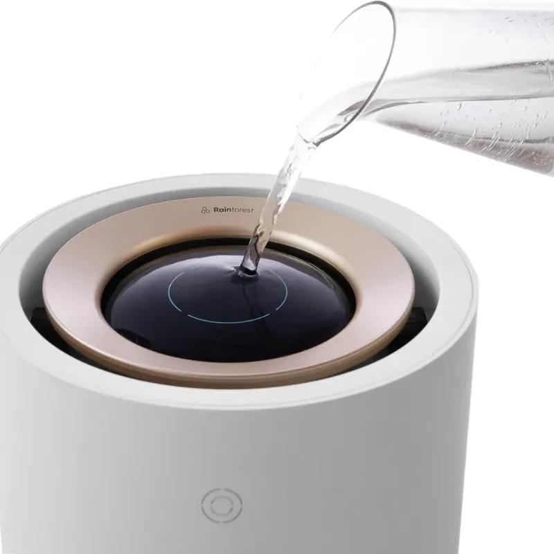 Xiaomi Rainforest Humidifier Smartmi – depósito superior con llenado directo, anillo dorado, esfera negra con luz LED y cuerpo cilíndrico blanco elegante