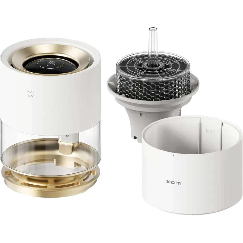 Xiaomi Rainforest Humidifier Smartmi – Humidificador cilíndrico blanco con base dorada, depósito transparente y módulo interno desmontable con filtro y