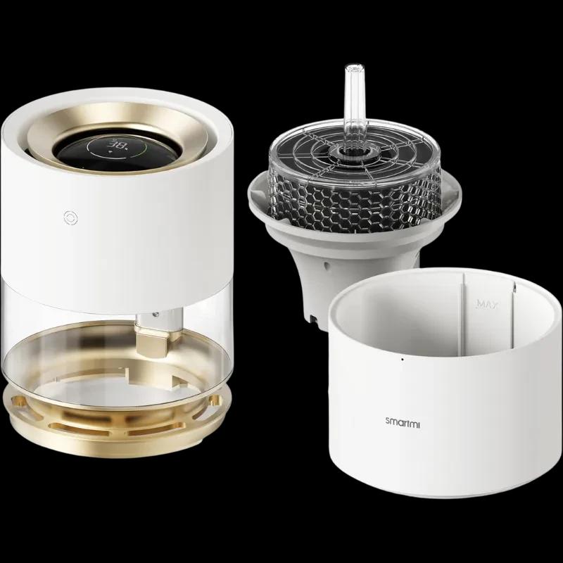 Xiaomi Rainforest Humidifier Smartmi – Humidificador cilíndrico blanco con base dorada, depósito transparente y módulo interno desmontable con filtro y