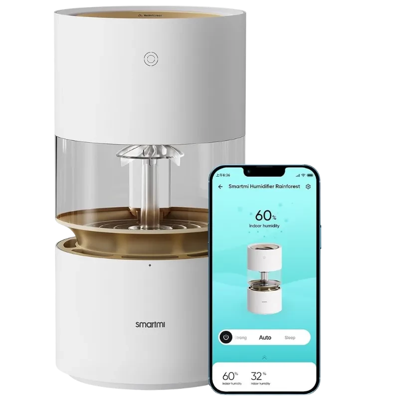 Humidificador Smartmi blanco con depósito transparente, rotor visible tipo cascada y control inteligente vía app; diseño cilíndrico minimalista y pantalla