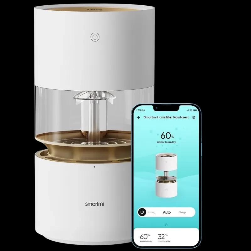 Humidificador Smartmi blanco con depósito transparente, rotor visible tipo cascada y control inteligente vía app; diseño cilíndrico minimalista y pantalla