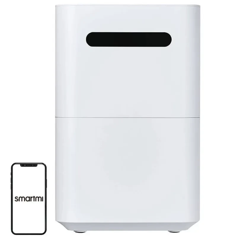Xiaomi Smartmi Evaporative Humidifier 3 Humidificador blanco minimalista con panel frontal negro, cuerpo rectangular y control vía app en smartphone