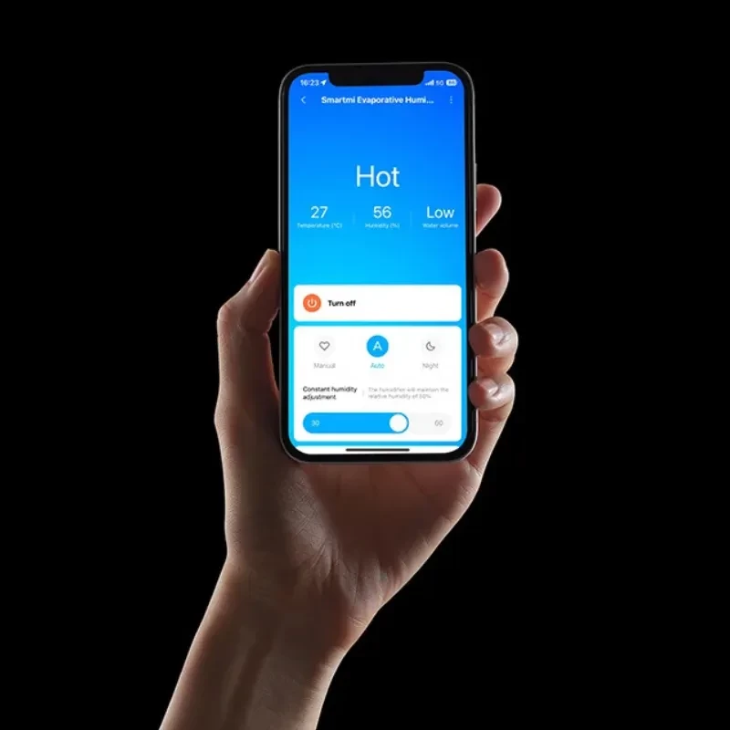 Smartmi Evaporative Humidifier 3 Lite - Humidificateur contrôlé via smartphone, écran bleu affichant température, humidité et options marche/arrêt