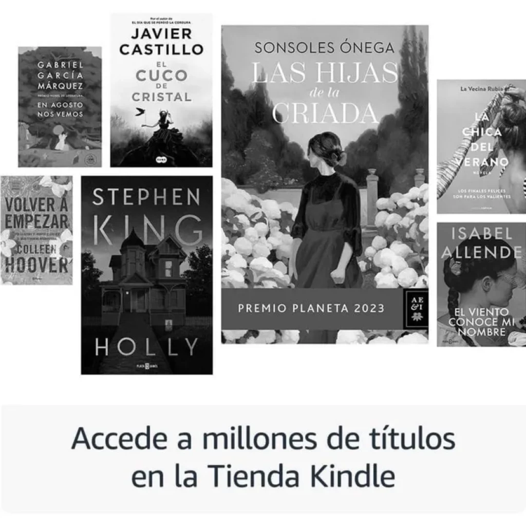 Tela do Kindle Paperwhite 12ª Geração exibindo capas de livros em preto e branco, destacando acesso a milhões de títulos na Loja Kindle