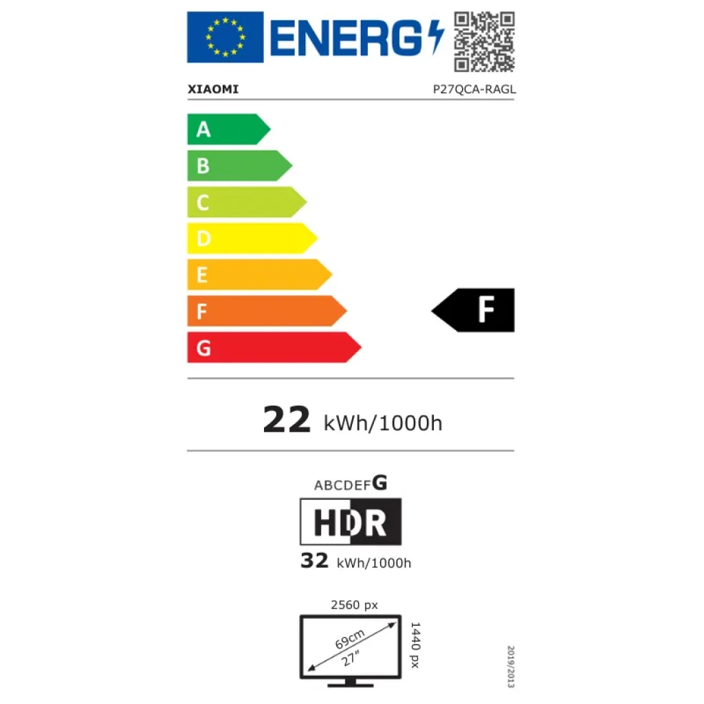 Etiqueta energética UE del monitor Xiaomi 2K A27Qi: clase F, consumo 22 kWh/1000h, HDR, pantalla 27" 2560 px, diagrama de dimensiones y código QR