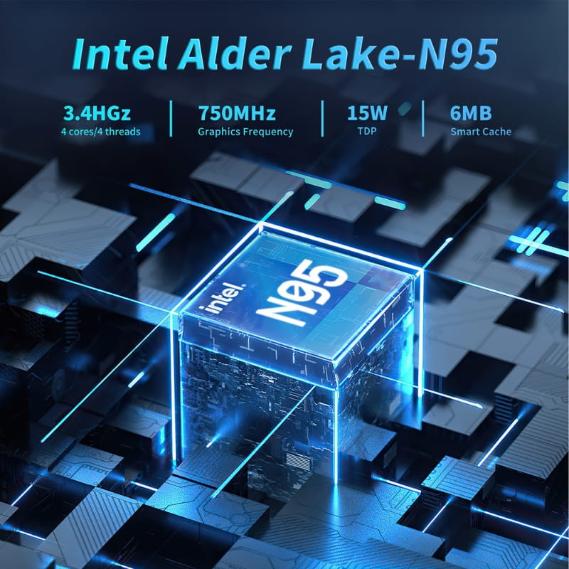 HSI-95 Mini PC con Intel Alder Lake N95 resaltado en cubo luminoso, destacando 3.4GHz, 4 núcleos, 750MHz gráfico, 15W TDP y 6MB de caché inteligente