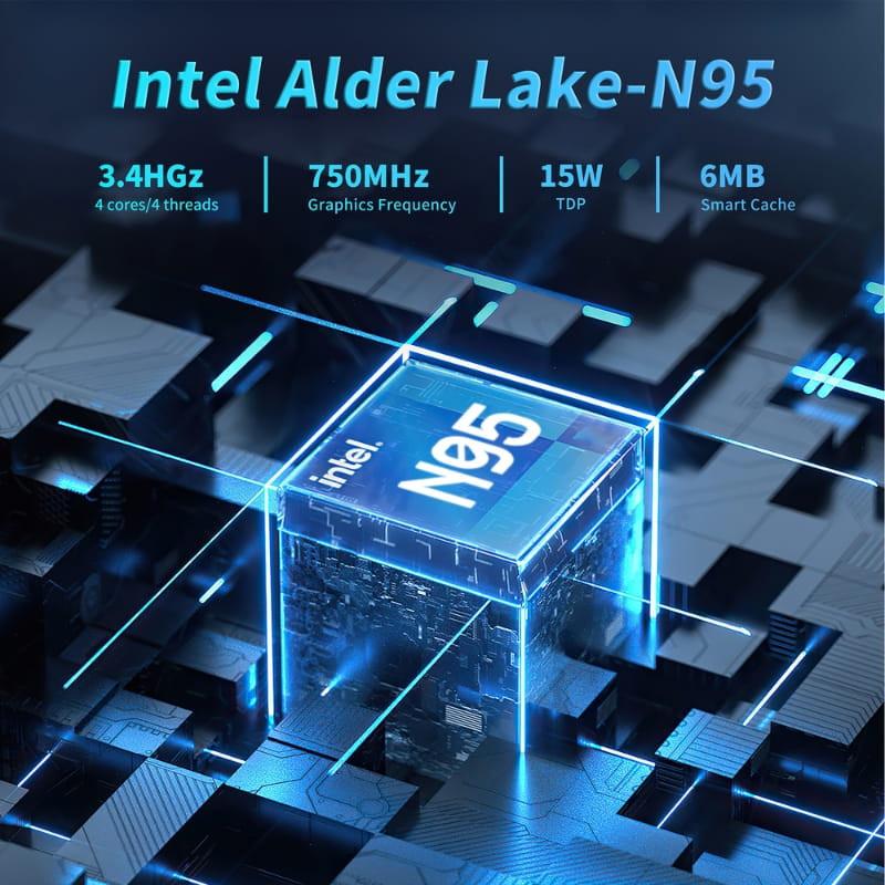 HSI-95 Mini PC con Intel Alder Lake N95 resaltado en cubo luminoso, destacando 3.4GHz, 4 núcleos, 750MHz gráfico, 15W TDP y 6MB de caché inteligente