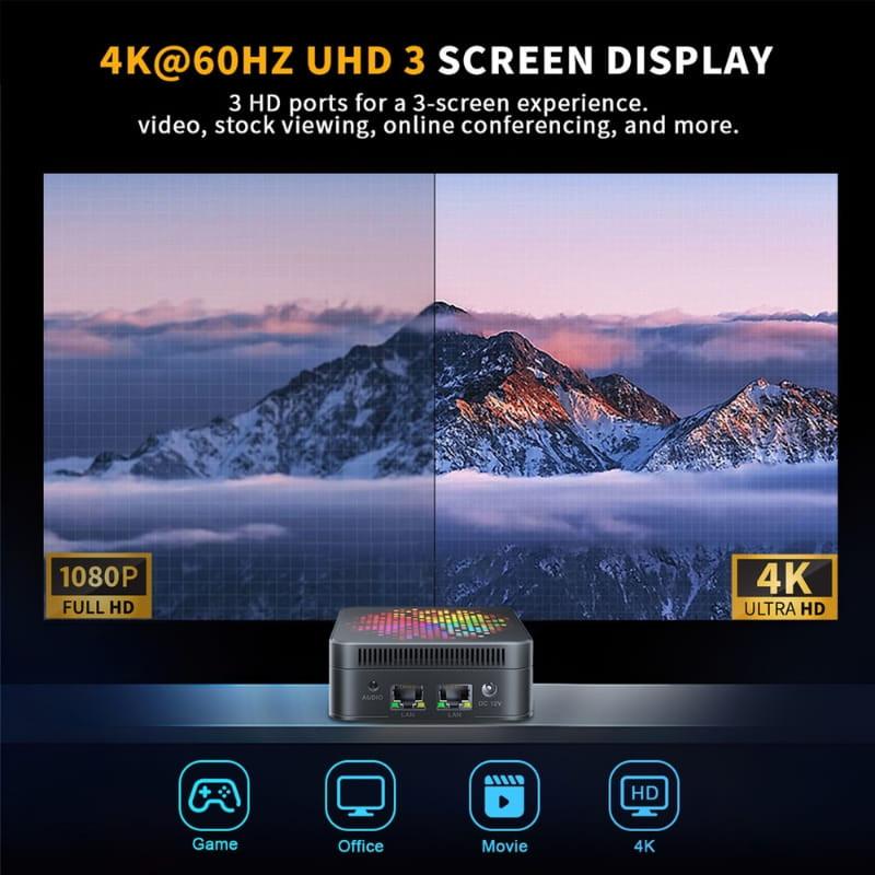 HSI-95 Mini PC compacto con luces RGB, puertos HDMI triples 4K a 60Hz, puerto LAN y USB frontales y traseros, ideal para pantalla triple UHD y oficina
