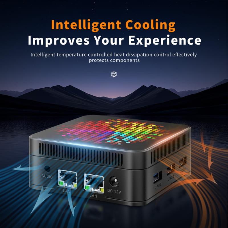 Mini PC HSI-95 con carcasa negra compacta, rejillas de ventilación y luz LED superior multicolor; puertos LAN duales, audio y DC 12V visibles en el frente