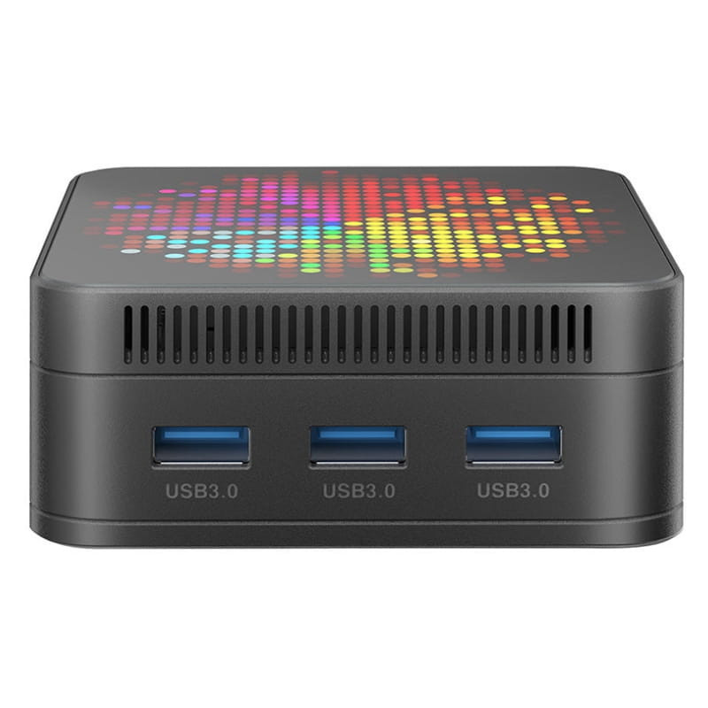 Mini PC HSI-100 compacta en negro con panel superior LED multicolor, 3 puertos USB 3.0 frontales y rejillas de ventilación; diseño moderno y portátil