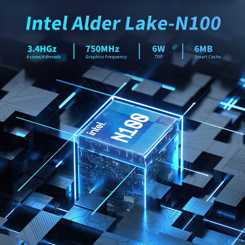 HSI-100 Mini PC con Intel Alder Lake N100 resaltado, frecuencia 3.4 GHz, gráficos 750 MHz, TDP 6 W y caché 6 MB en diseño tecnológico brillante