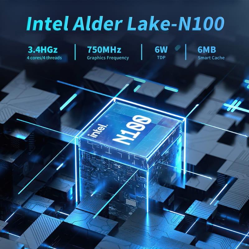 HSI-100 Mini PC con Intel Alder Lake N100 resaltado, frecuencia 3.4 GHz, gráficos 750 MHz, TDP 6 W y caché 6 MB en diseño tecnológico brillante