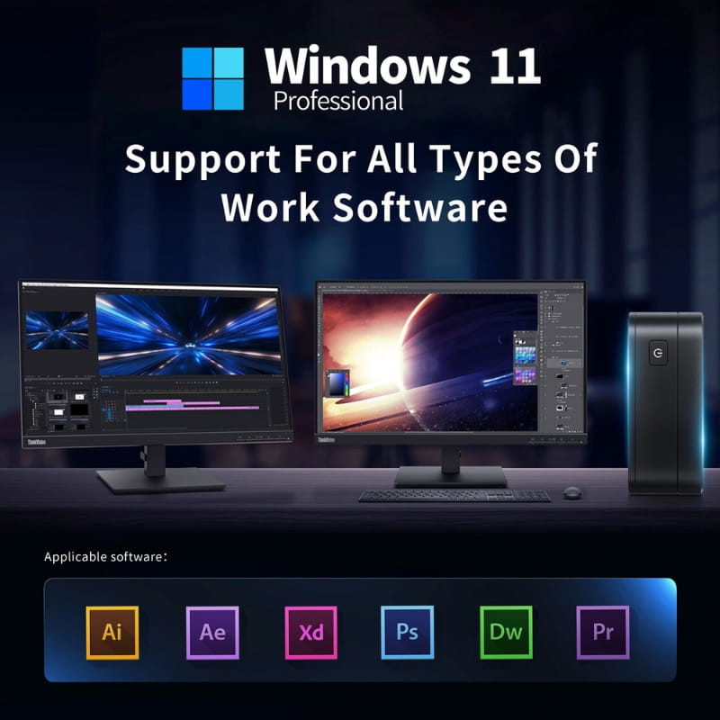 HSI-100 Mini PC con Windows 11 Pro, dos monitores mostrando edición multimedia y torre compacta; iconos de apps creativas como AI, AE, XD, PS, DW y PR