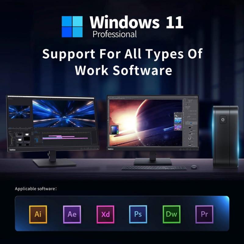 HSI-100 Mini PC con Windows 11 Pro, dos monitores mostrando edición multimedia y torre compacta; iconos de apps creativas como AI, AE, XD, PS, DW y PR