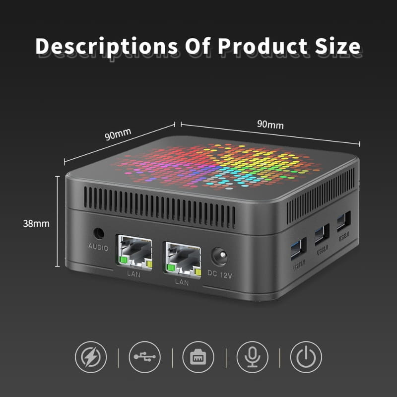 HSI-100 Mini PC compacto 90x90x38 mm con rejilla superior RGB, chasis gris, 2 puertos LAN, audio, DC 12V, 2 USB 3.0 y USB-C en el panel lateral