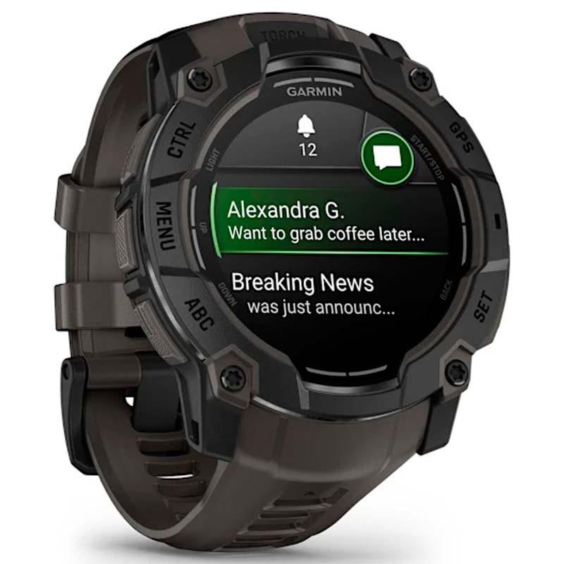 Garmin Instinct 3 AMOLED 50mm Negro con Correa Carbón - vista frontal y lateral