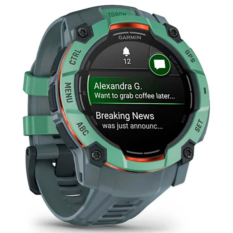 Garmin Instinct 3 AMOLED 50mm Verde com Bracelete Cinzento - vista frontal e lateral