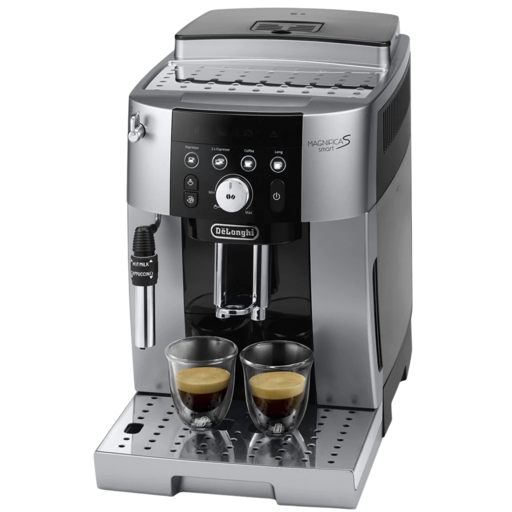DeLonghi Magnifica S ECAM250.23.SB cafetera superautomática plateada con molinillo integrado, panel frontal con botones, vaporizador a la izquierda y doble