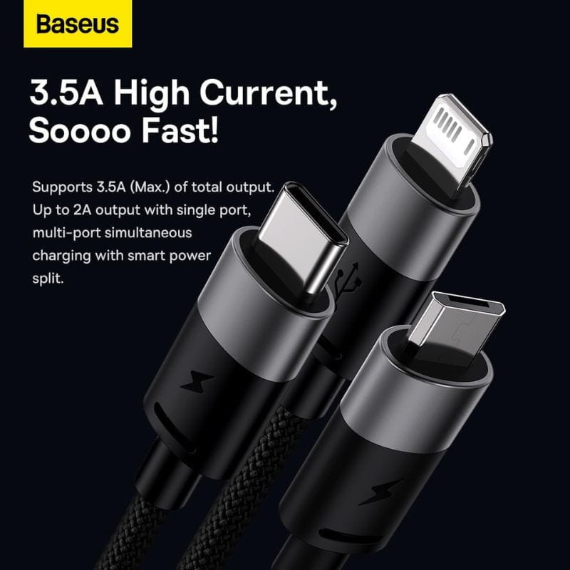 Câble USB 3 en 1 Baseus StarSpeed ​​Series Noir - Image des 3 connecteurs USB-C/Micro/Lightning
