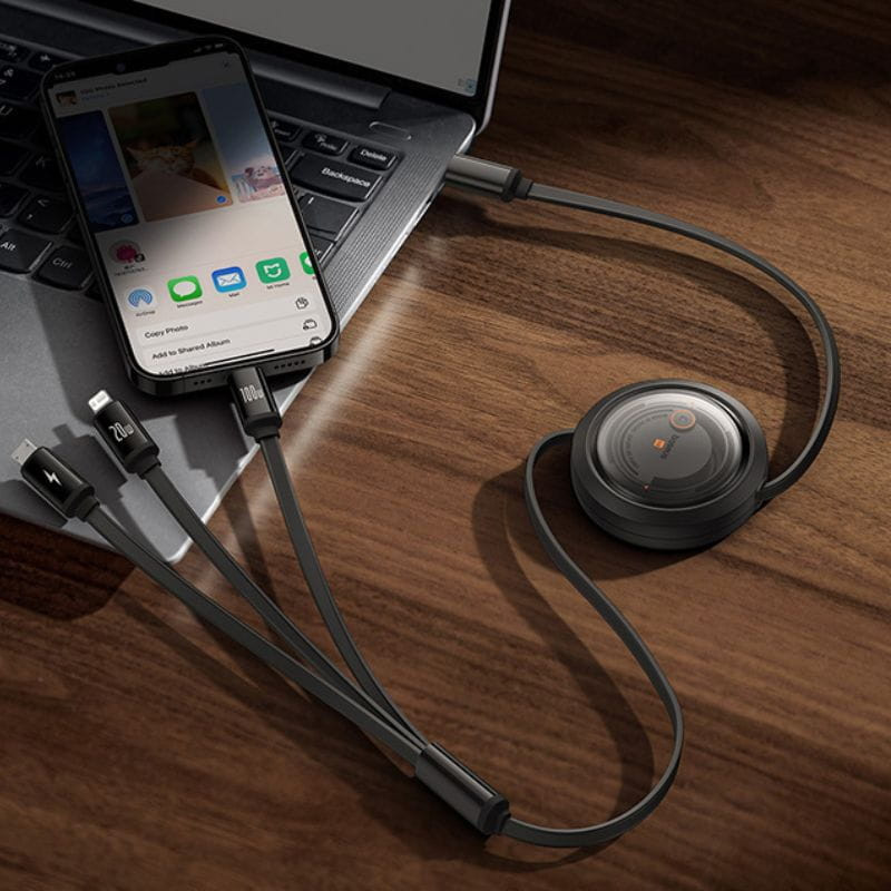 Baseus Free2Draw Negro - Cable USB-C 3 en 1 USB-C/Lightning/Micro imagen conectando el móvil y el portátil