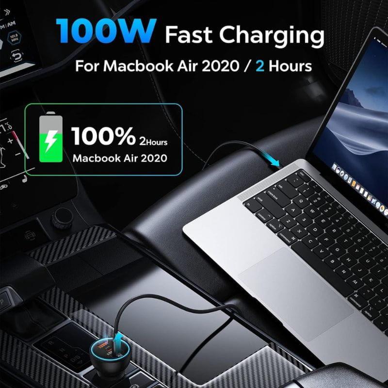 Baseus Qualcomm 160W - Carregador para carro 2xUSB-C 1xUSB-A tempo de carregamento de um MacBook