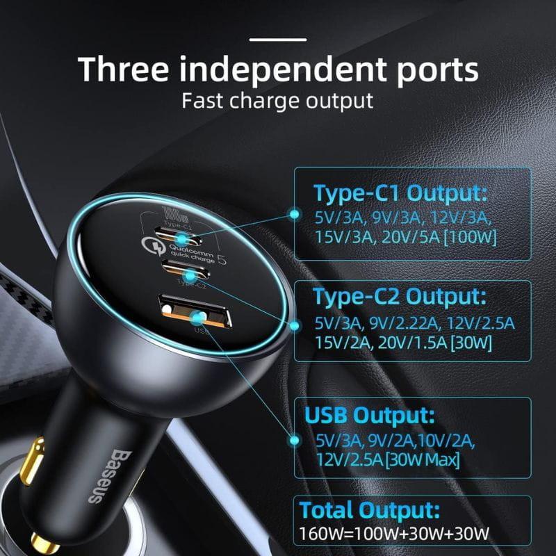 Baseus Qualcomm 160W - Carregador para carro 2xUSB-C 1xUSB-A portas de carregamento independentes