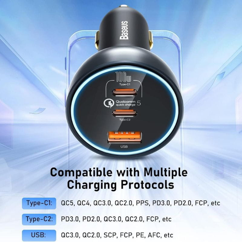 Baseus Qualcomm 160W - Carregador para carro 2xUSB-C 1xUSB-A protocolos de carregamento