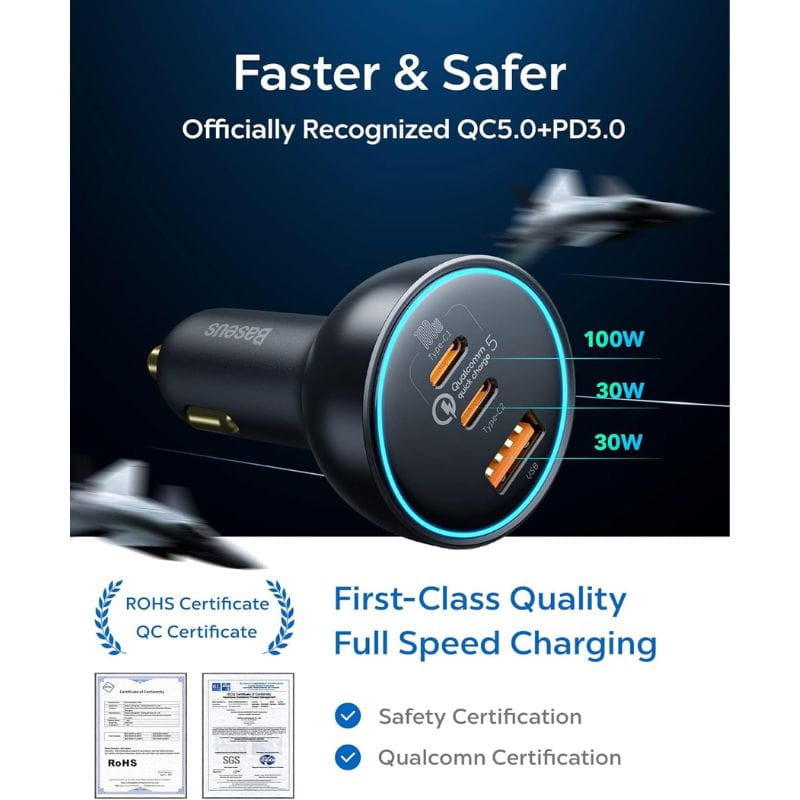 Baseus Qualcomm 160W - Carregador para carro 2xUSB-C 1xUSB-A certificações