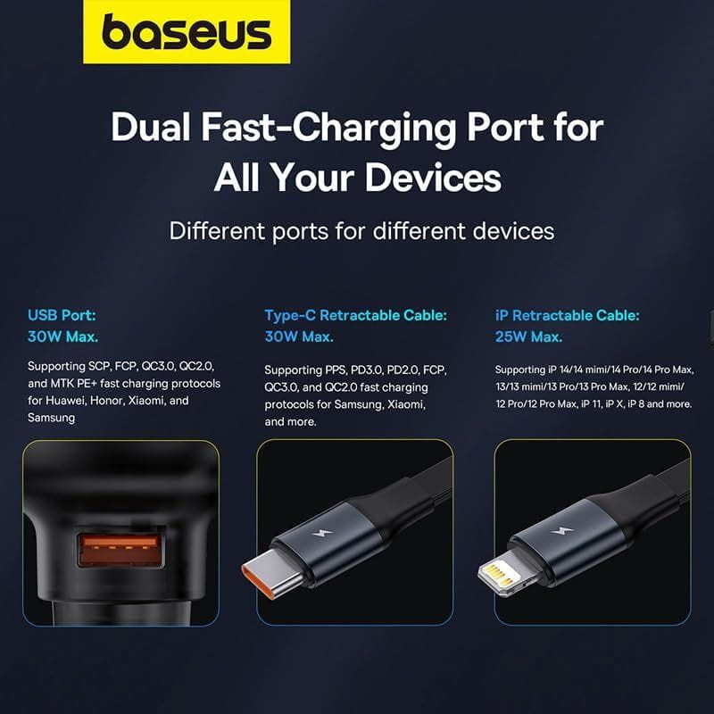 Baseus Enjoyment 60W - Chargeur voiture 1xUSB-C 1xConnecteur Lightning/USB-C caractéristiques
