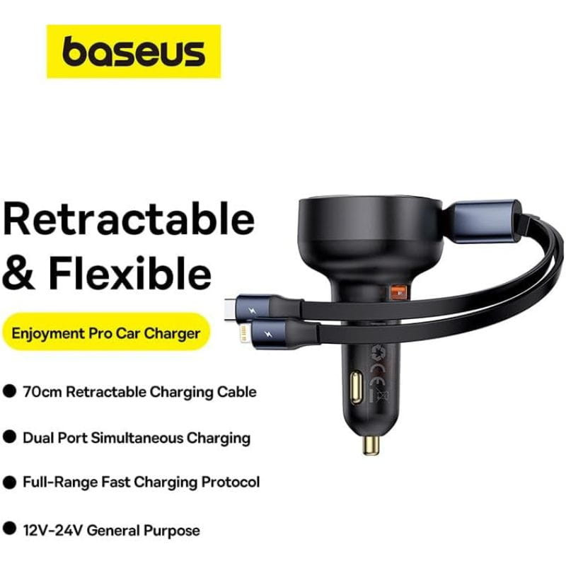 Baseus Enjoyment 60W - Chargeur voiture 1xUSB-C 1xConnecteur Lightning/USB-C flexible