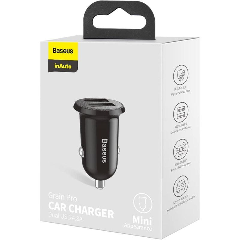 Image du boîtier du chargeur de voiture Baseus Grain Pro 4,8 A