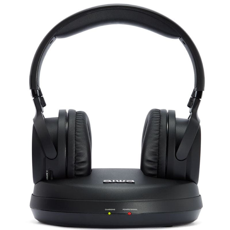 Aiwa WHF-930D Radiofrecuencia Auriculares Hi-Fi inalámbricos de diadema negros con base de carga, almohadillas acolchadas y luces LED de estado