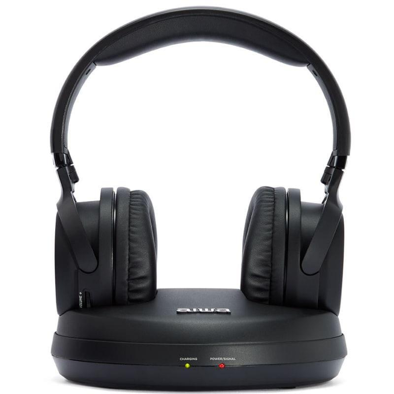 Aiwa WHF-930D Radiofrecuencia Auriculares Hi-Fi inalámbricos de diadema negros con base de carga, almohadillas acolchadas y luces LED de estado