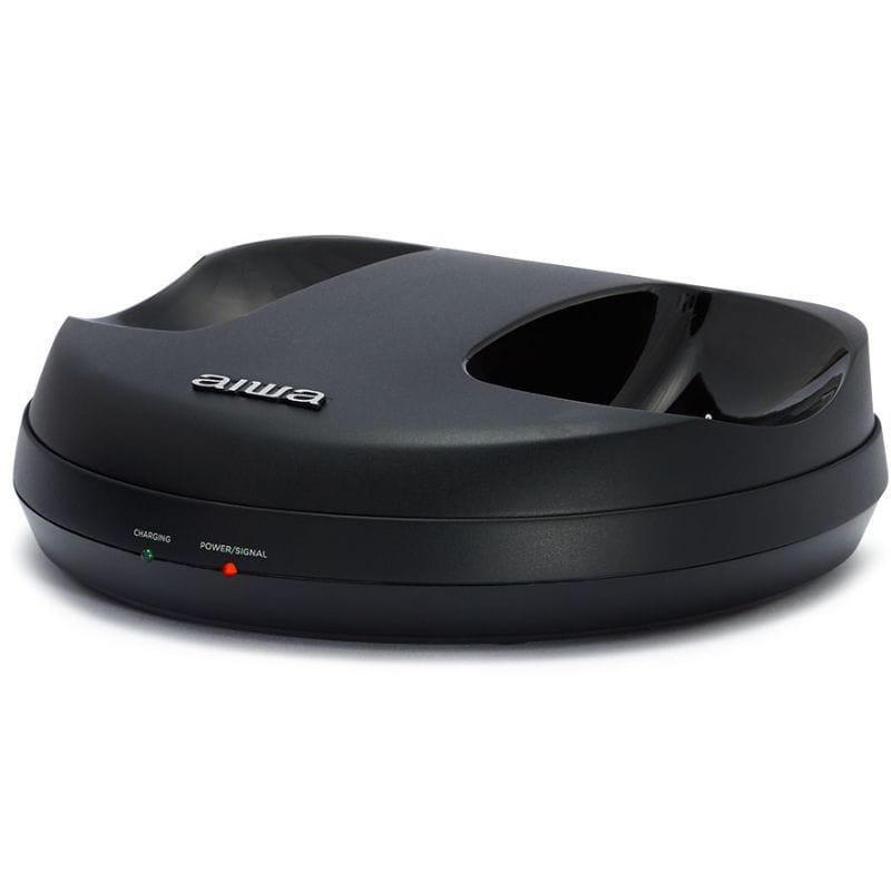 Base de carga Aiwa WHF-930D negra con indicador LED de carga y señal, diseño curvo para auriculares de diadema Hi-Fi por radiofrecuencia
