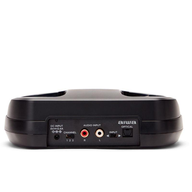 Base Aiwa WHF-930D para auriculares Hi-Fi con entradas RCA L/R, óptica y jack, selector de canal y puerto DC 8V; diseño negro compacto y estable