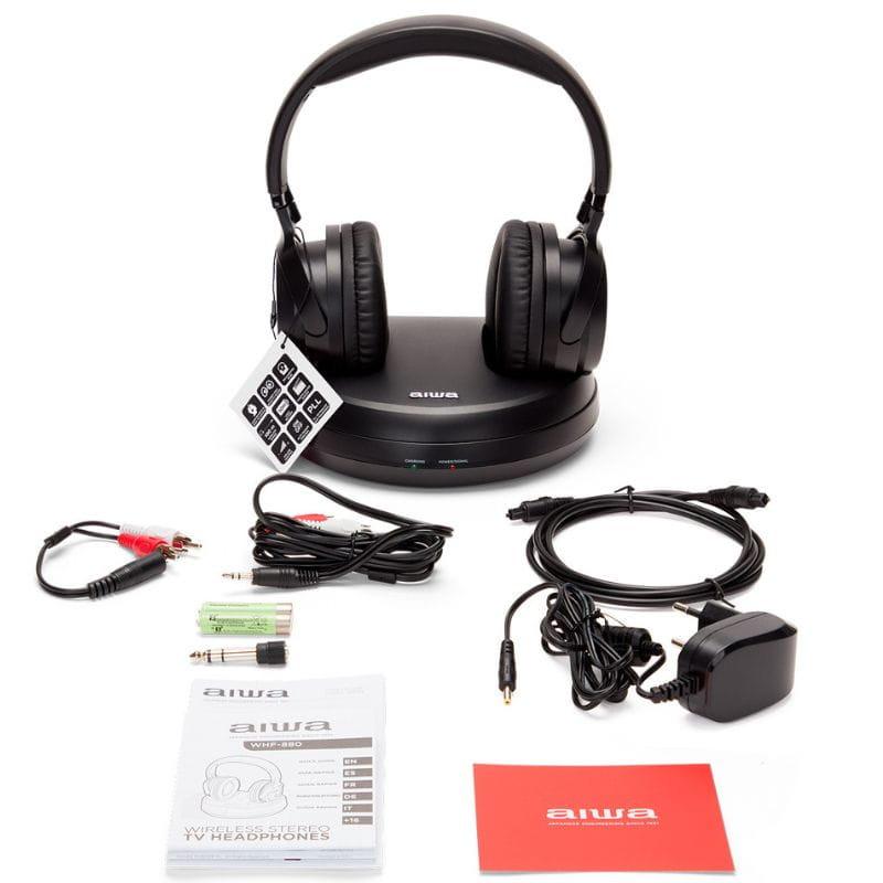 Aiwa WHF-930D Radiofrecuencia auriculares Hi-Fi de diadema con base de carga, cables RCA y 3.5 mm, adaptador, baterías AA y manuales incluidos