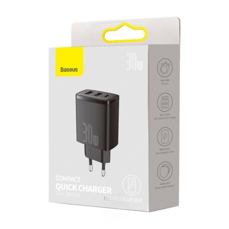 Baseus Compact Quick Charger 30W Negro - Cargador de pared 2xUSB-A 1xUSB-C imagen de la caja
