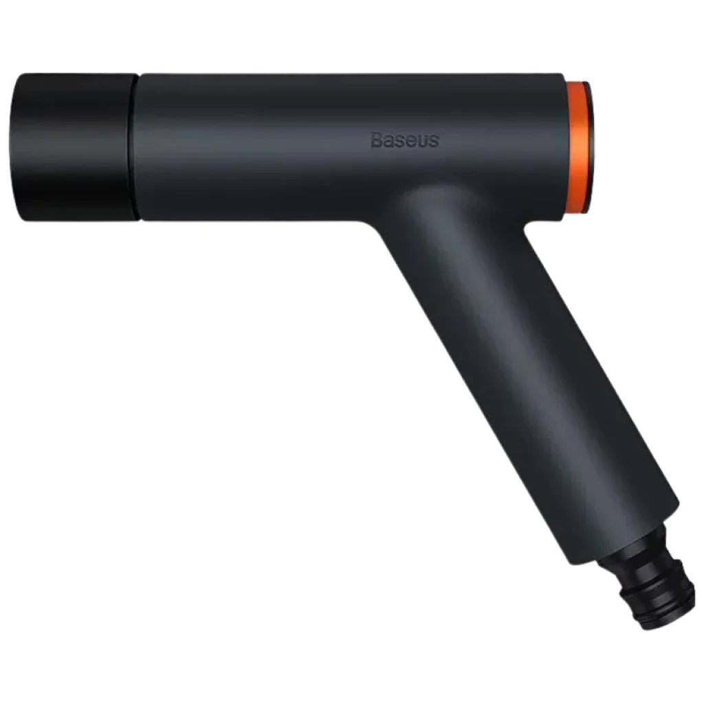 Baseus GF3 Pistola de riego negra con detalle naranja, diseño ergonómico en L, boquilla ajustable y conector para manguera de 7,5 m
