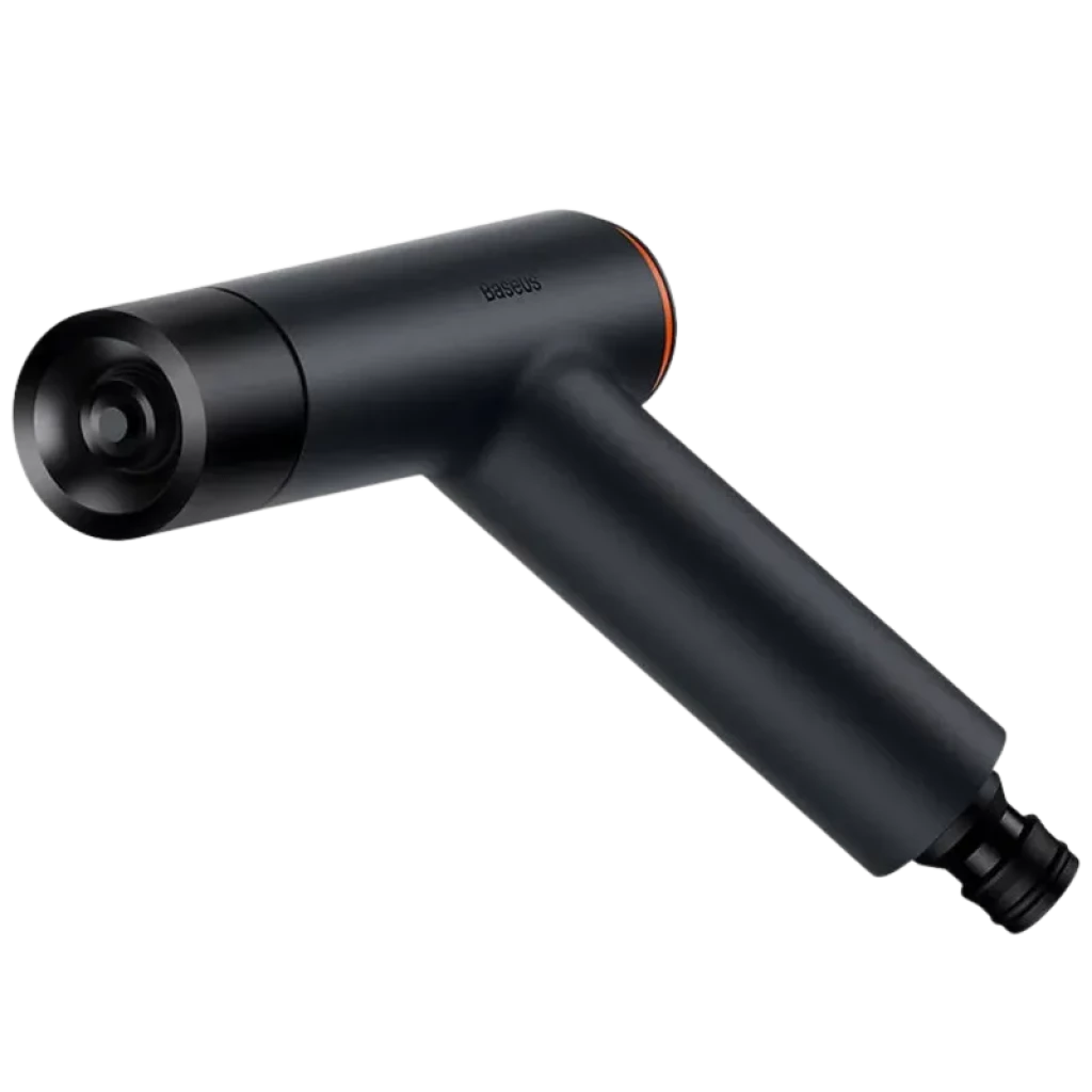 Baseus GF3 pistola de riego negra de diseño en L con boquilla circular ajustable y conector rápido, acabado mate y detalle naranja cerca del cabezal