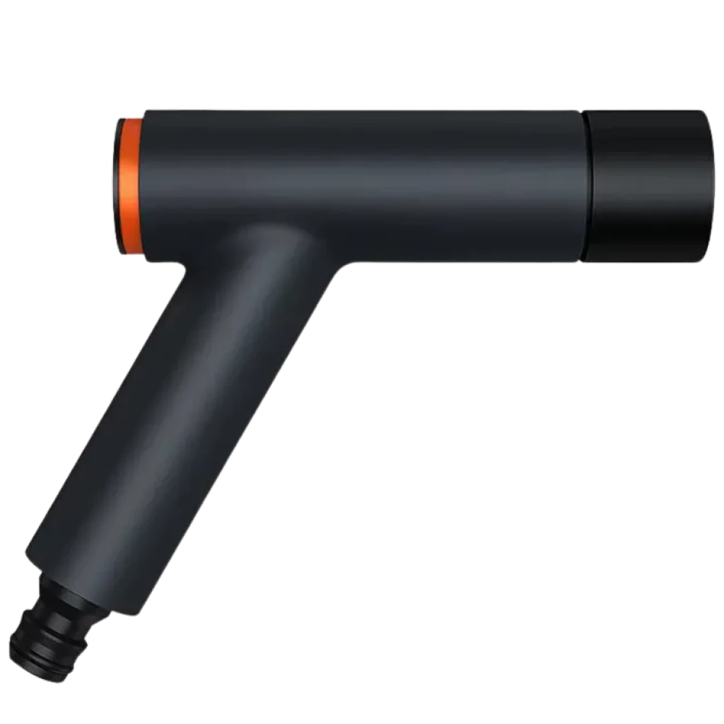 Baseus GF3 Pistola de riego negra mate, diseño ergonómico en L con detalles naranjas, boquilla frontal para conexión rápida y cuerpo compacto resistente
