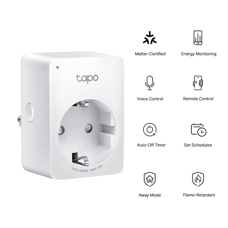 TP-Link Tapo P110M WiFi Enchufe Inteligente blanco con toma Schuko, LED de estado y cuerpo compacto; iconos destacan control por voz, monitoreo y temporizador