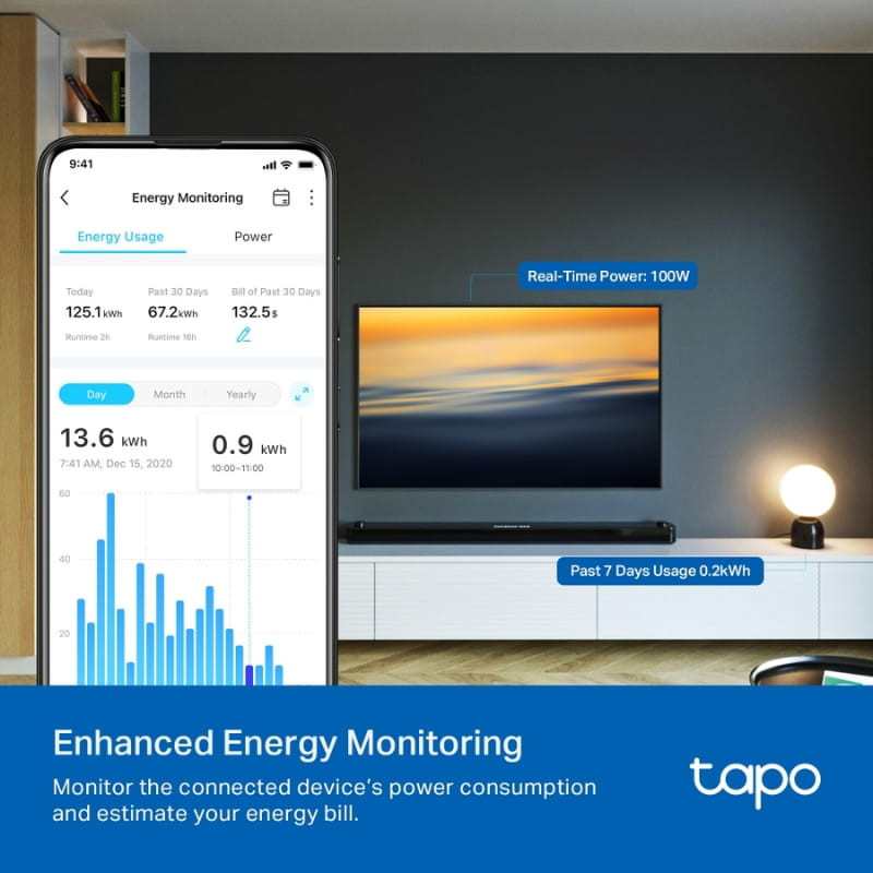 TP-Link Tapo P110M WiFi Enchufe Inteligente con monitoreo de energía; app mostrando consumo en tiempo real y semanal junto a televisor y lámpara encendidos