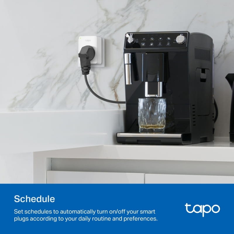 TP-Link Tapo P110M WiFi Enchufe Inteligente conectado a pared, diseño compacto blanco, LED de estado, controla cafetera; ideal para automatizar y programar