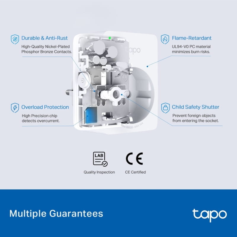 TP-Link Tapo P110M WiFi: enchufe inteligente con carcasa ignífuga UL94 V-0, obturador infantil, protección contra sobrecarga y contactos de bronce niquelado