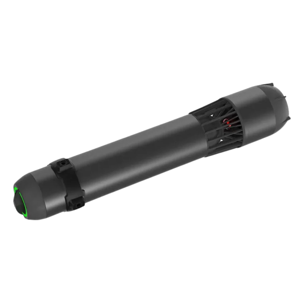 Waydoo Subnado Scooter subacuático ultra compacto en color negro, cuerpo cilíndrico con rejillas laterales y hélice interna, extremos redondeados y detalles